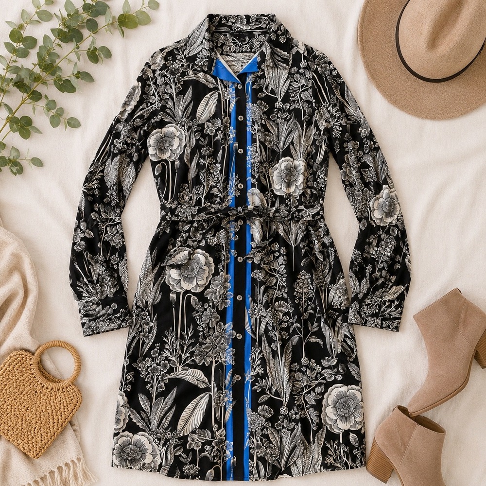 Tommy Hilfiger Womens Floral Shirt Dress Black White Blue Long Sleeve XS